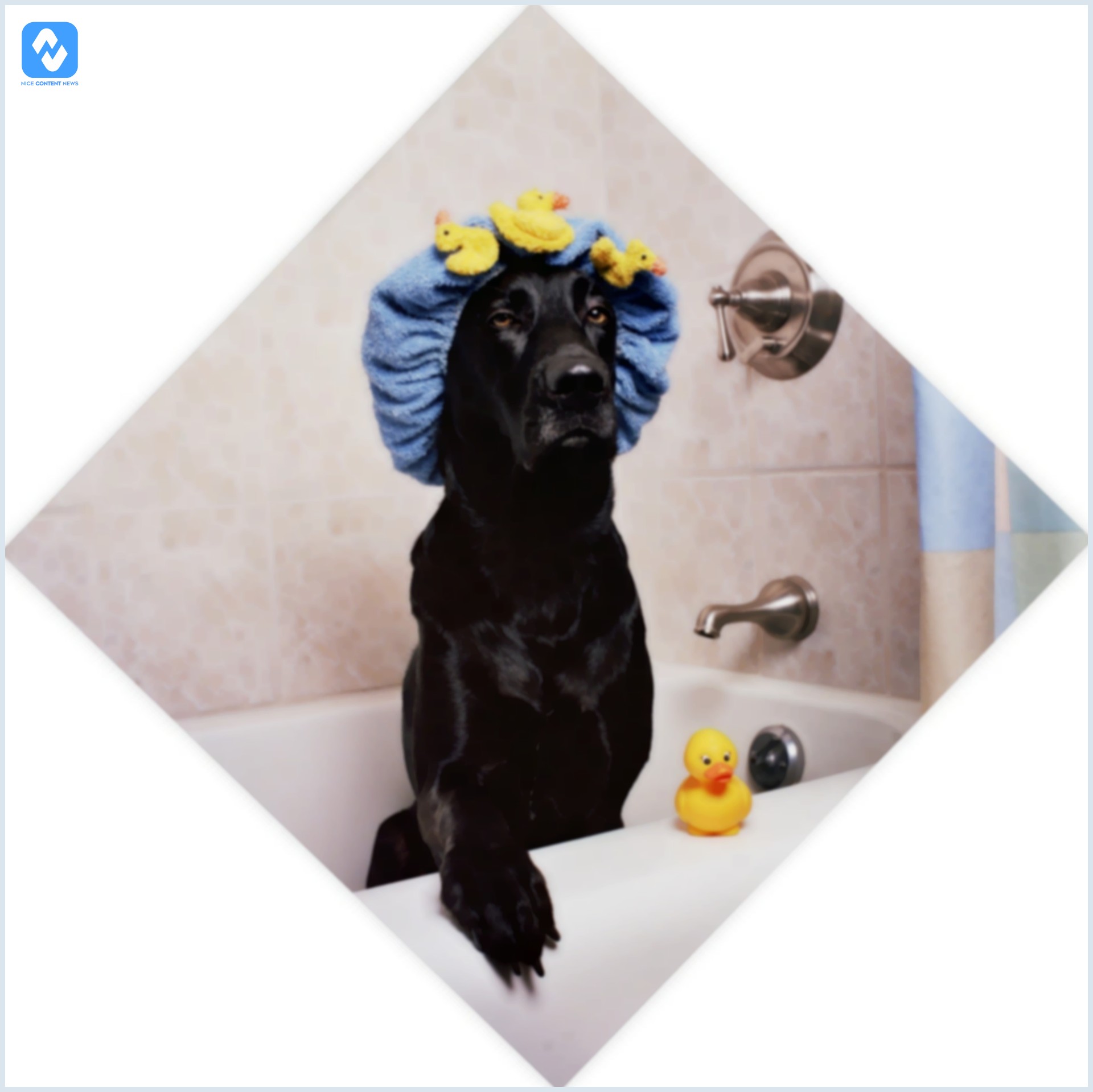 Cachorro preto com touca de banho