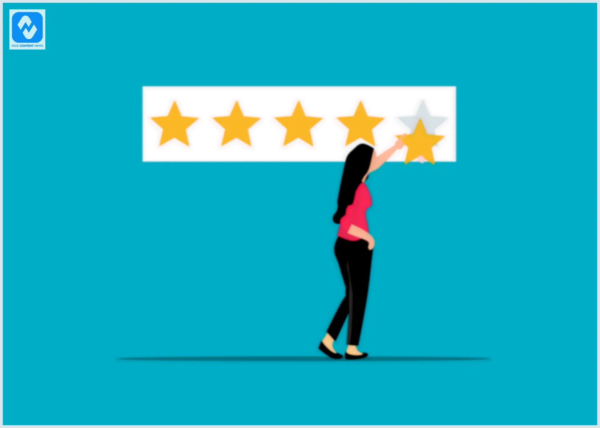 Desenho de uma mulher avaliando uma empresa com cinco estrelas