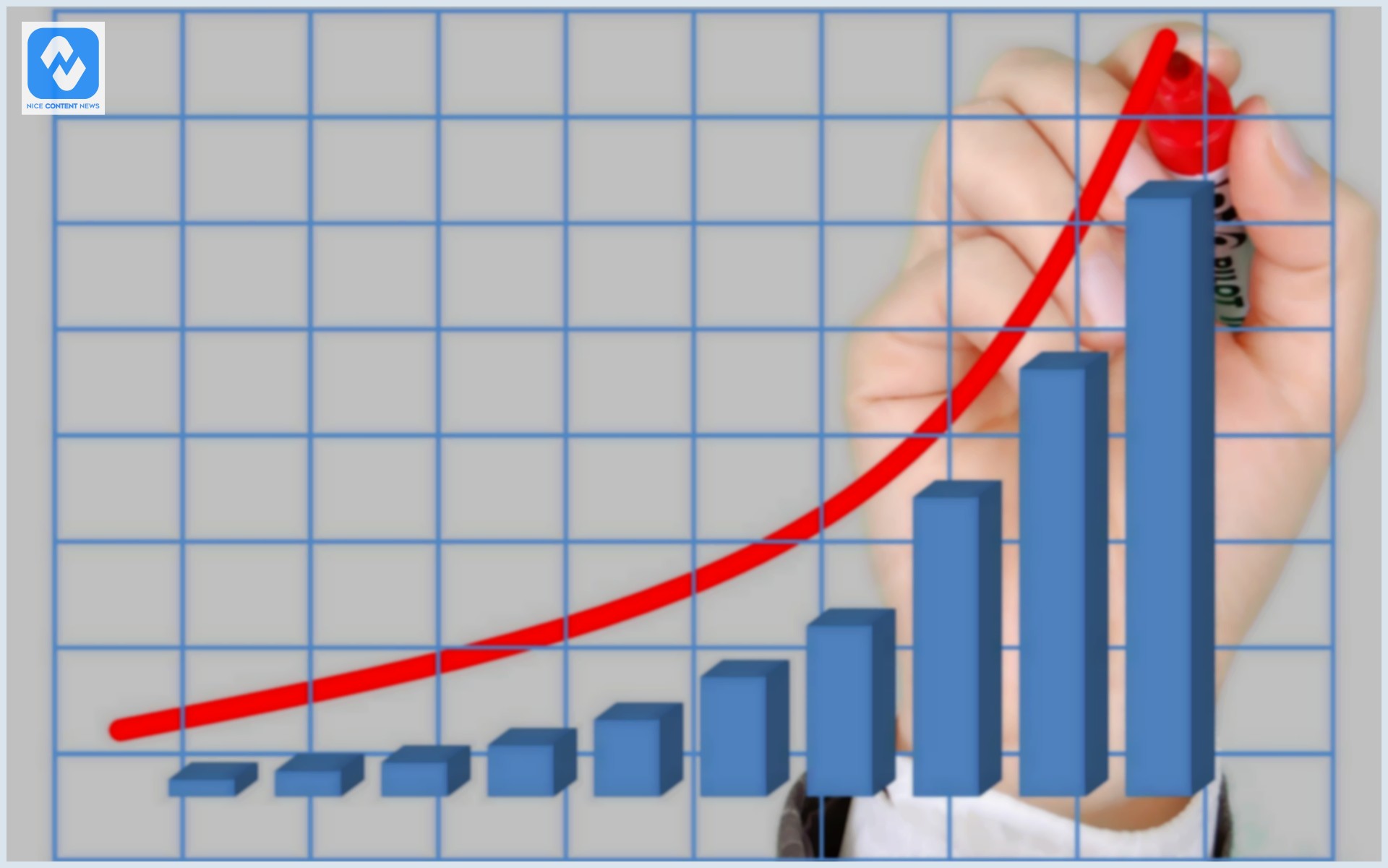 Desenho de um gráfico em barras em crescimento, uma mão simulando o crescimento do gráfico em uma matriz