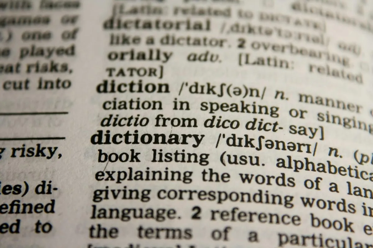 Página de um dicionário focando na palavra 'dictionary' e suas definições.