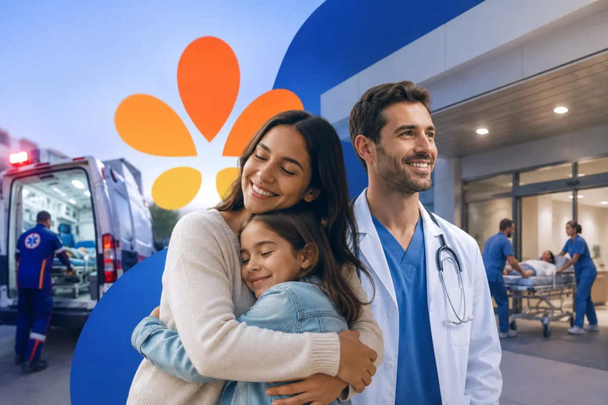 Uma mulher e uma criança abraçadas, com um profissional de saúde sorridente ao fundo em um ambiente hospitalar.